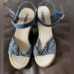 Polka- dot Navy Espadrille Wedge Sandals 7